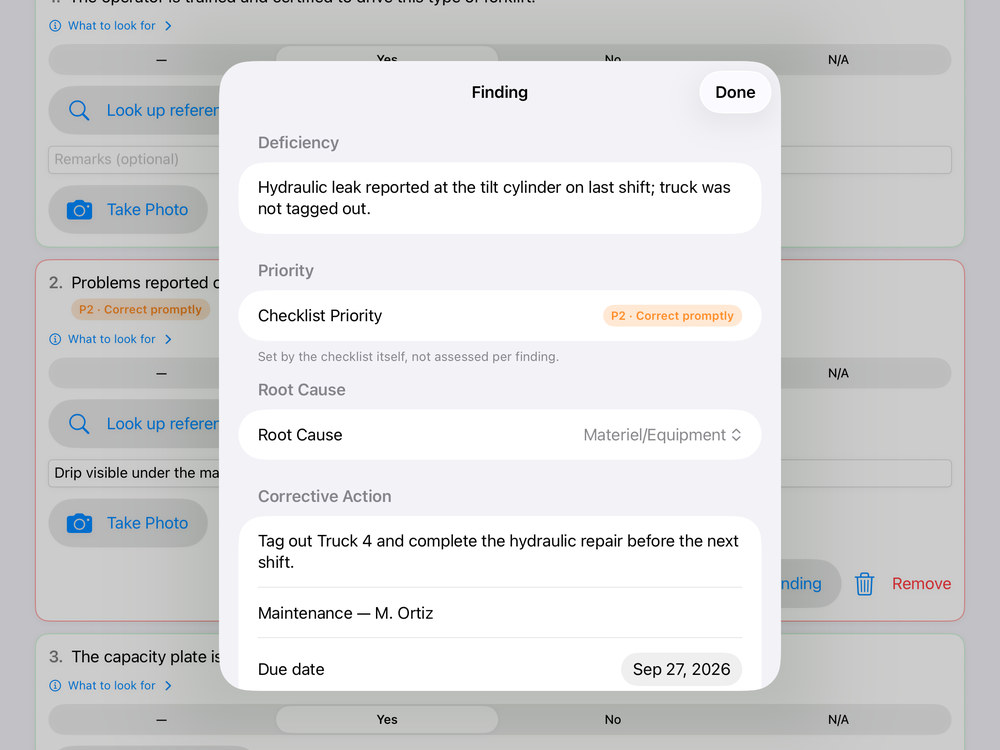 Guardian Checklist finding editor recording a deficiency, its priority, root cause, corrective action, owner and due date.