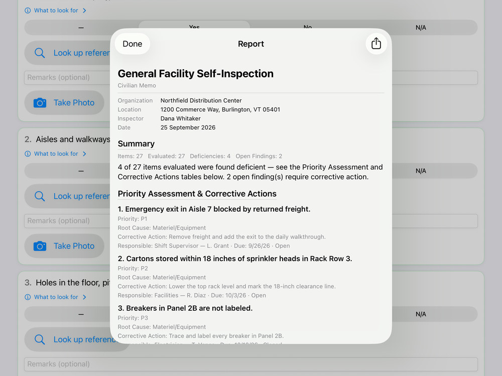 Guardian Checklist inspection report with a summary and a priority assessment of corrective actions.